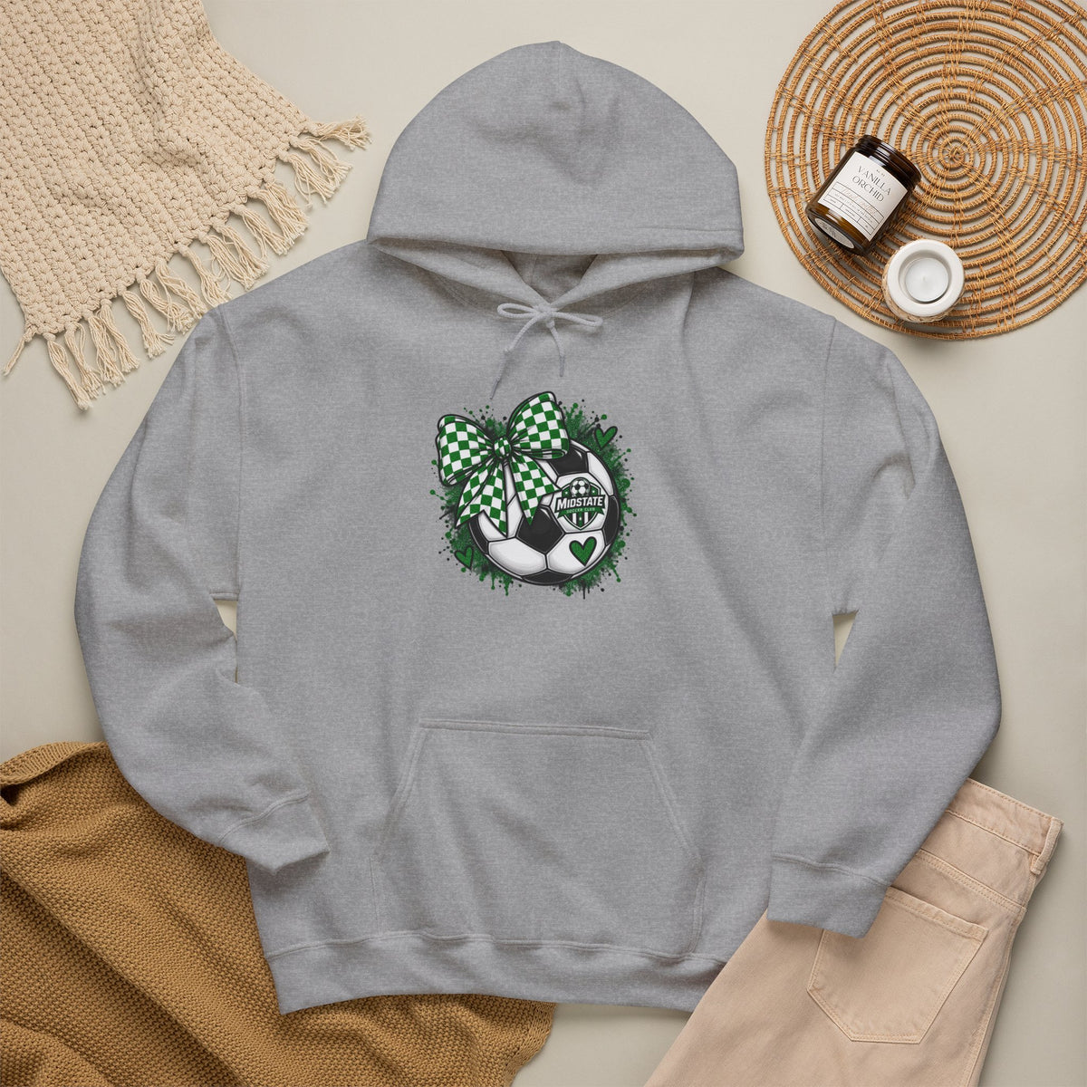 Midstate Soccer Hoodie — Green Plaid Bow Kitty Design