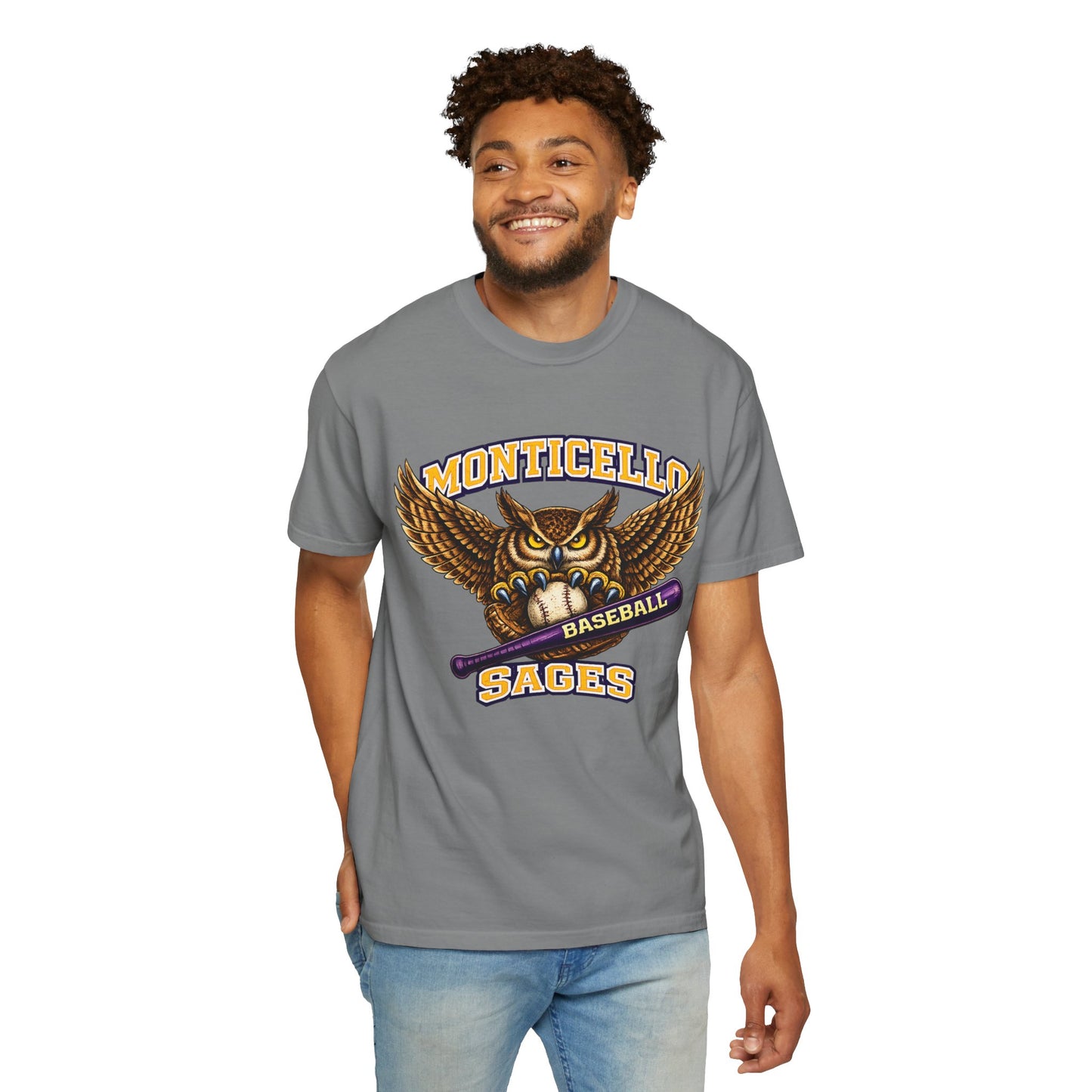 Monticello Sages Baseball T-Shirt — Vintage Owl & Wings Team Tee