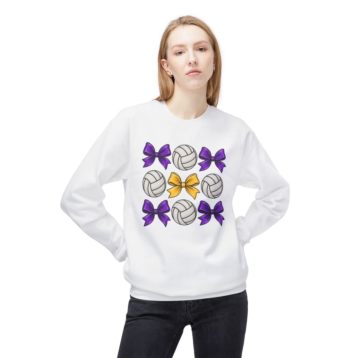 Volleyball & Bows Crewneck Sweatshirt — Purple & Gold Cheer Team Design