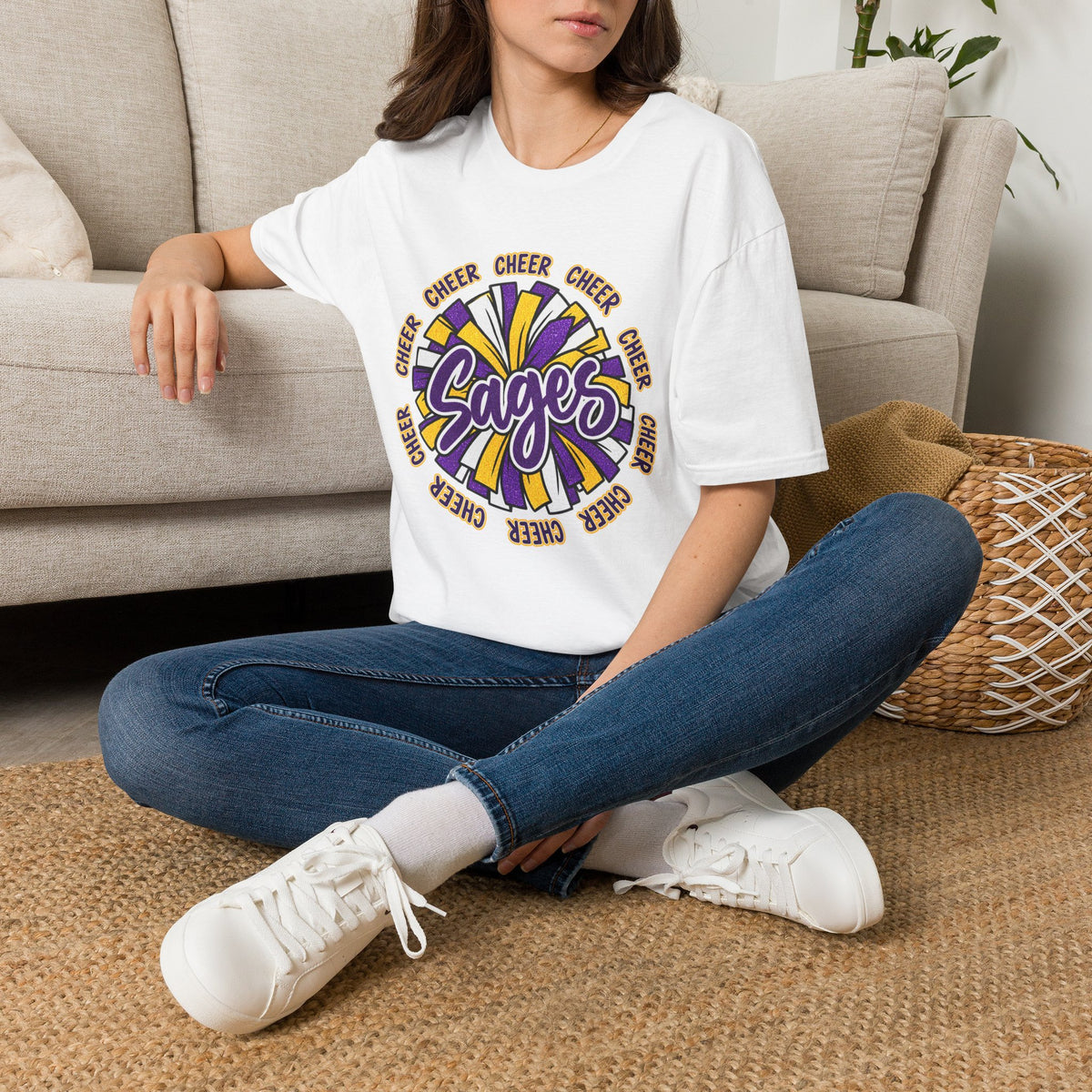 Sages Cheer T-Shirt — Purple & Gold Pom Design