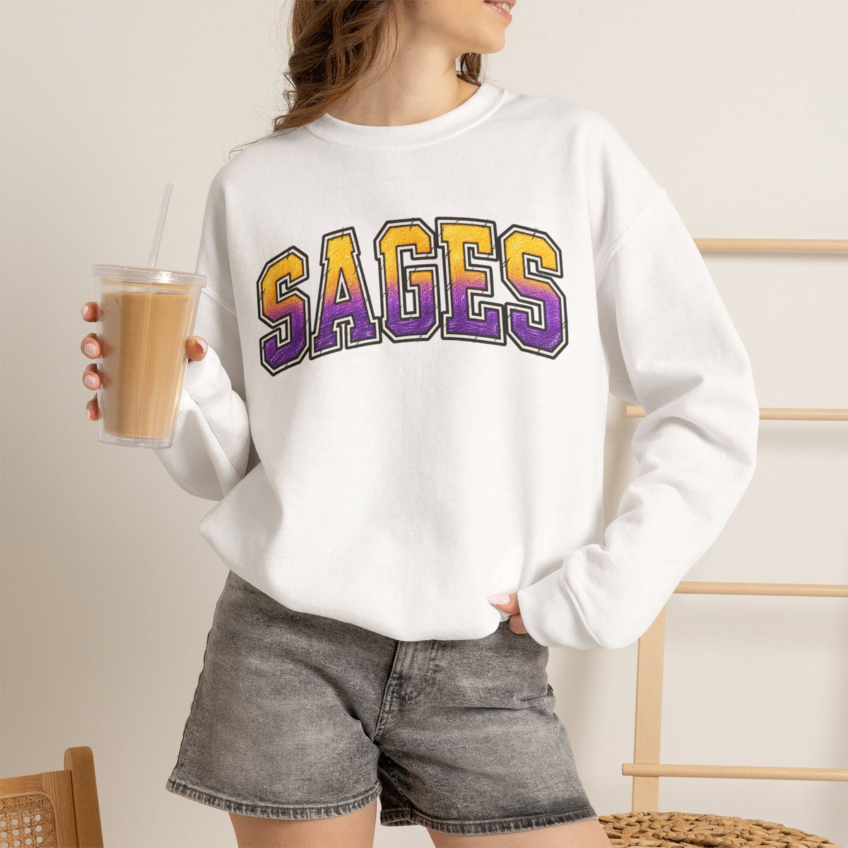 Sages Varsity Crewneck Sweatshirt — Retro Purple & Gold Collegiate Pullover