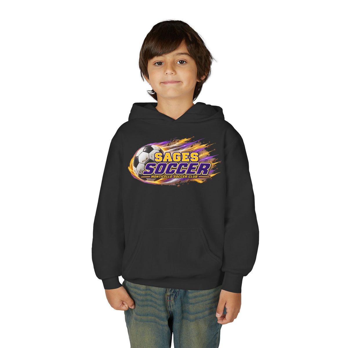 YOUTH Sages Soccer Hoodie — Purple & Gold Flame Graphic Sweatshirt with Hood