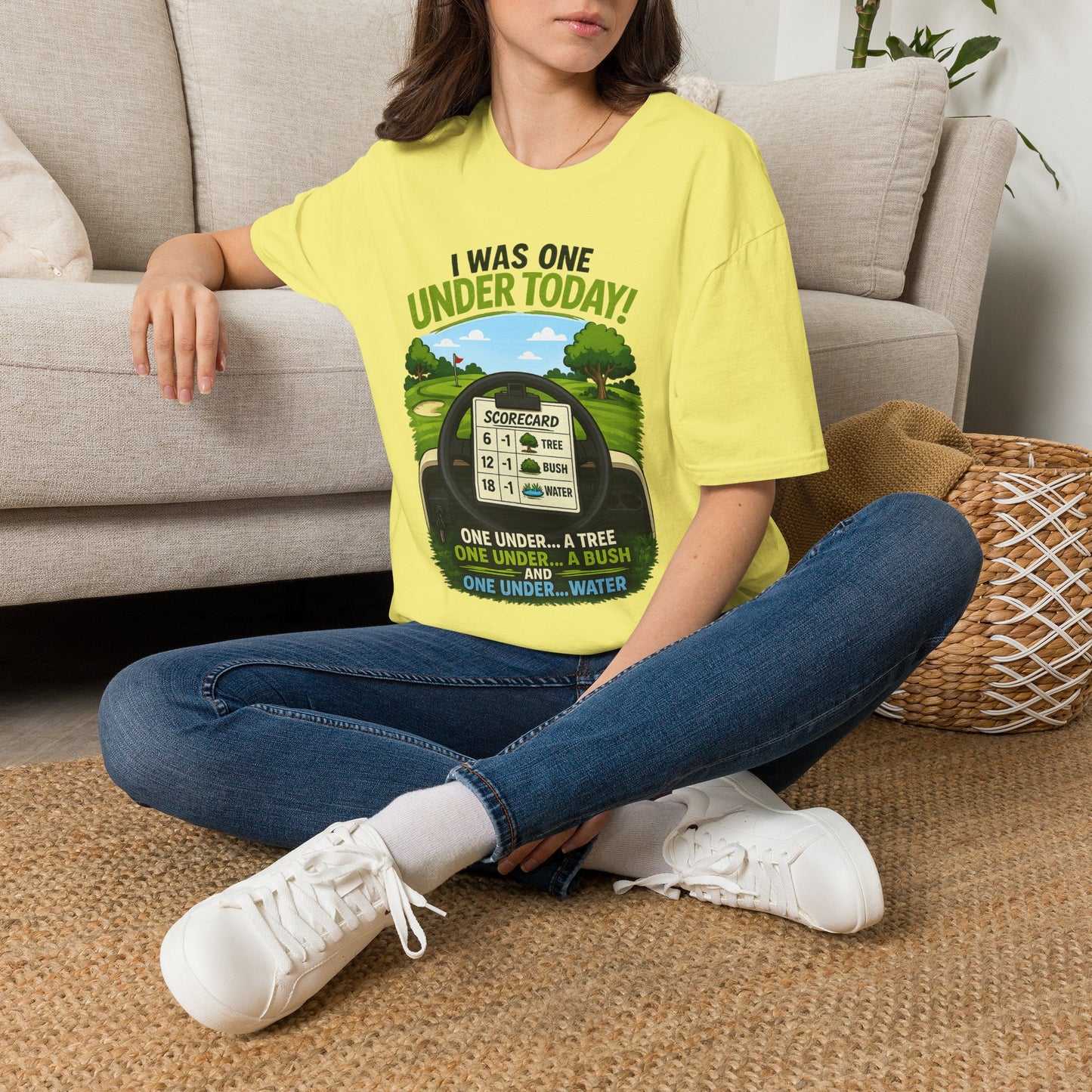 Golf T-Shirt — "I Was One Under Today!" ANIMATED VERSION - Scorecard Golf Humor Shirt