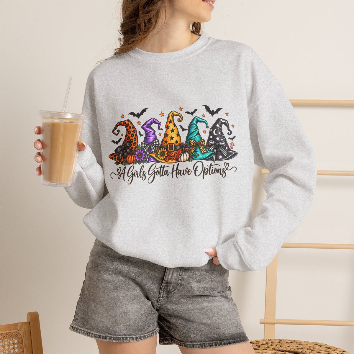 Witch Hat Crewneck Sweatshirt - "A Girls Gotta Have Options" Halloween Pullover