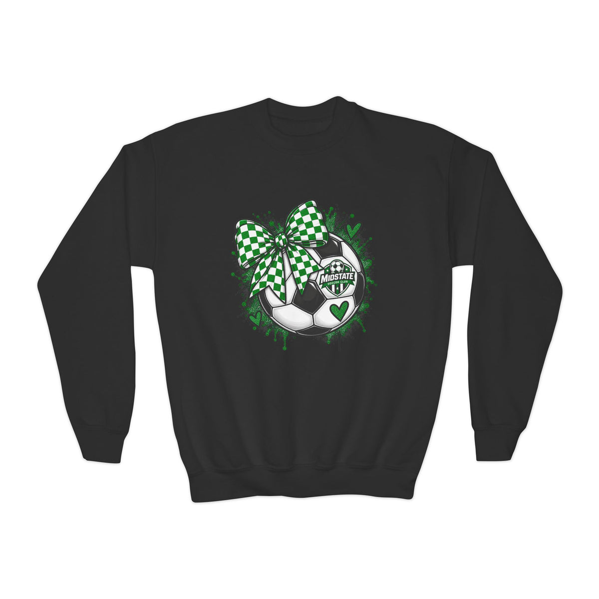 YOUTH Midstate Soccer Crest Crewneck — Green Bow Soccer Ball Sweatshirt