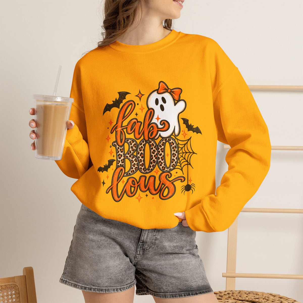 FabBOOlous Halloween Sweatshirt — Cute Ghost, Bats & Spiderweb Fall Crewneck