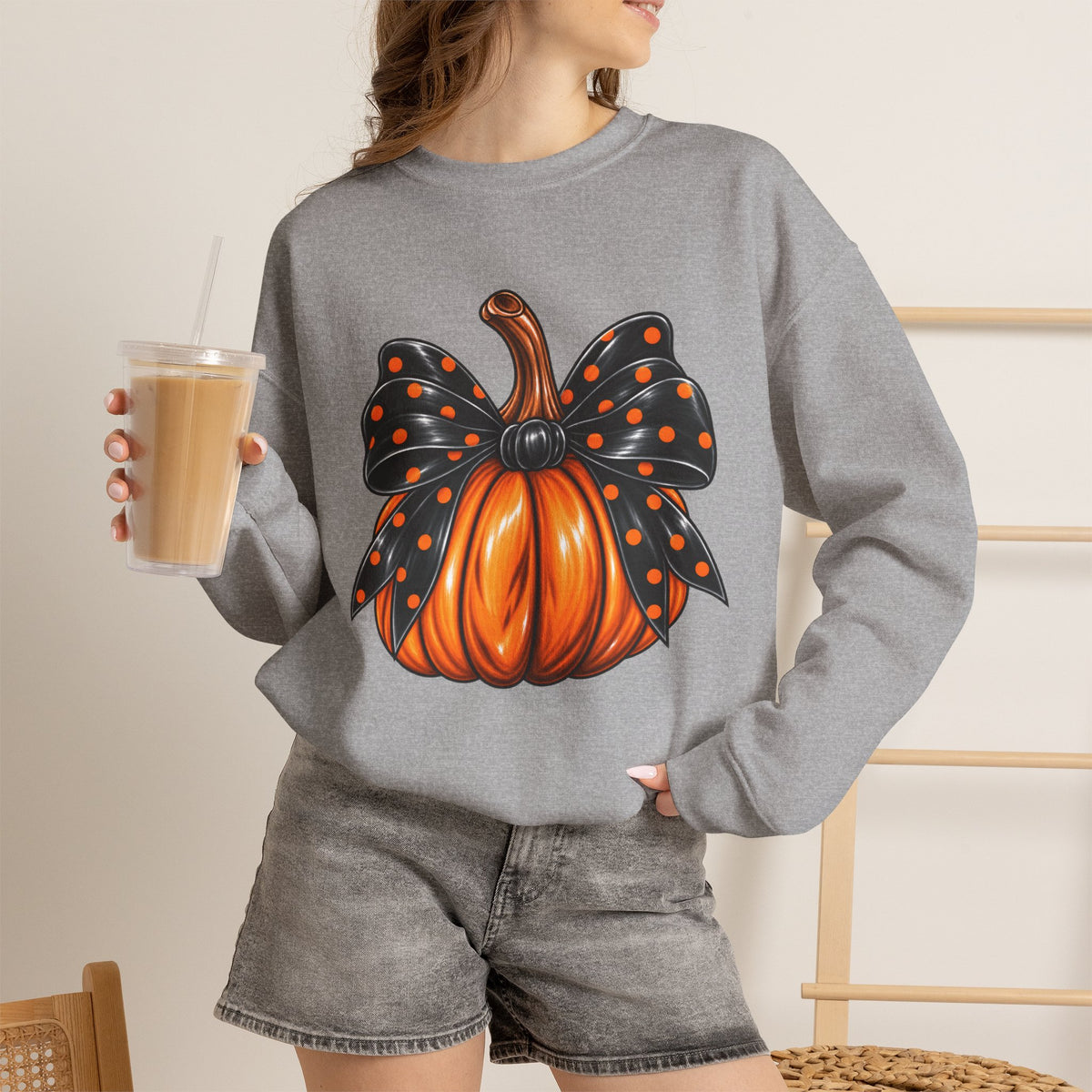 Pumpkin Bow Crewneck Sweatshirt — Cute Halloween Pumpkin Graphic