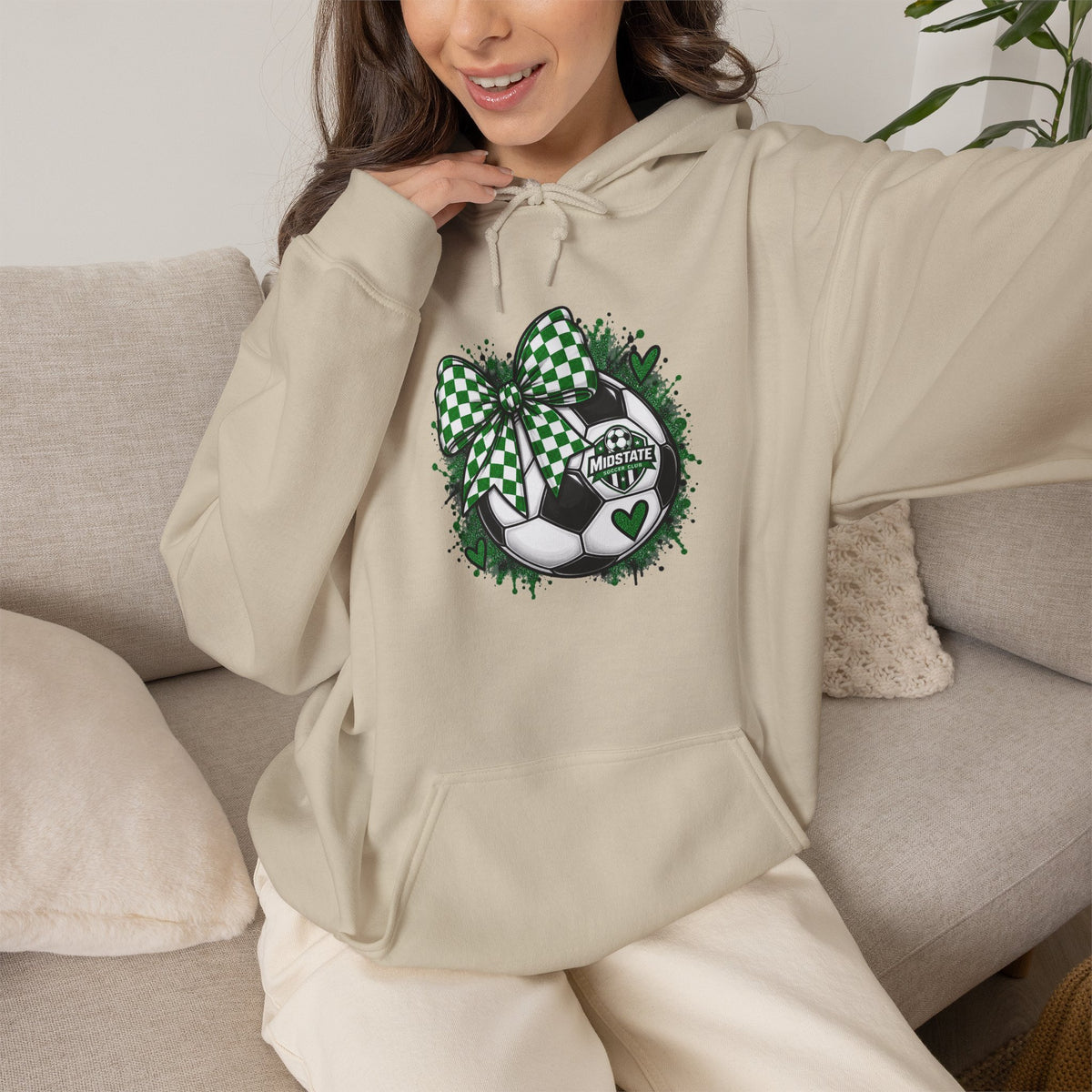 Midstate Soccer Hoodie — Green Plaid Bow Kitty Design