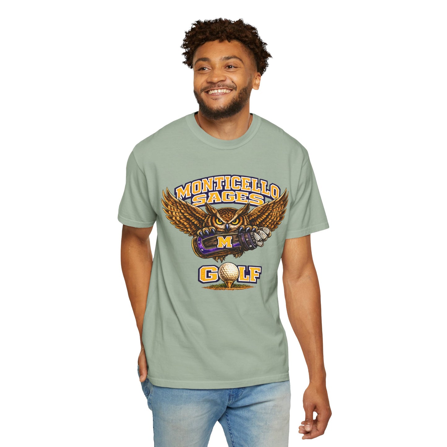 Monticello Sages Golf T-Shirt — Vintage Owl & Wings Team Tee