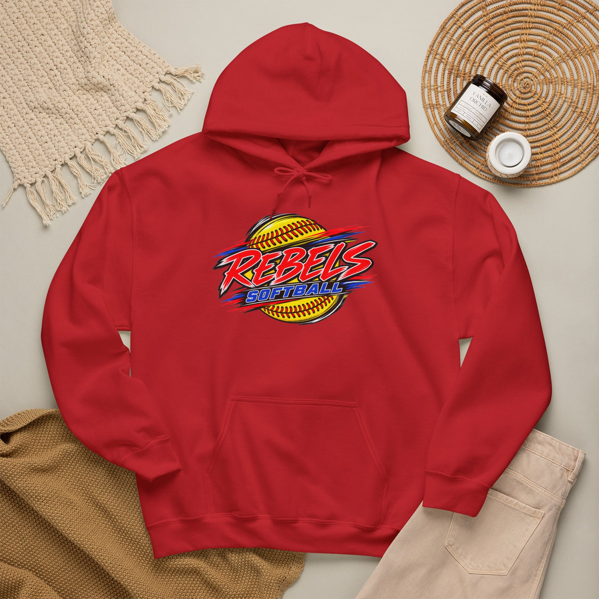 Rebels Softball Hoodie — Retro Yellow Softball Graphic