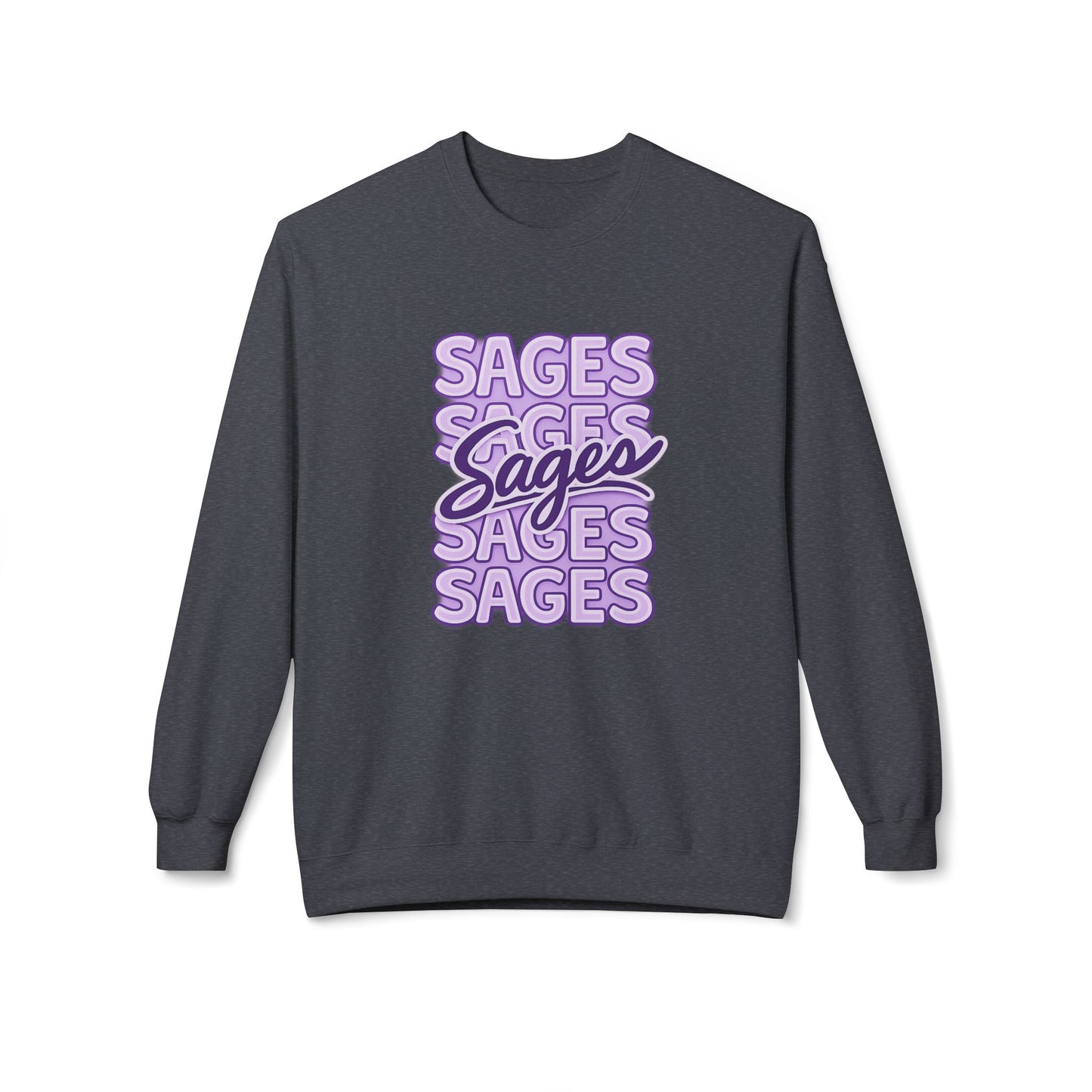 Sages Retro Script Crewneck Sweatshirt — Lavender Stacked 'SAGES' Graphic