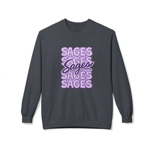 Sages Retro Script Crewneck Sweatshirt — Lavender Stacked 'SAGES' Graphic