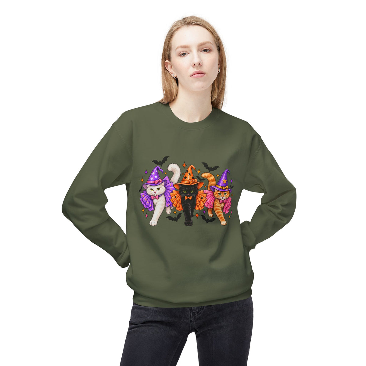 Halloween Cats Crewneck Sweatshirt — Cute Witch Cat Trio Graphic