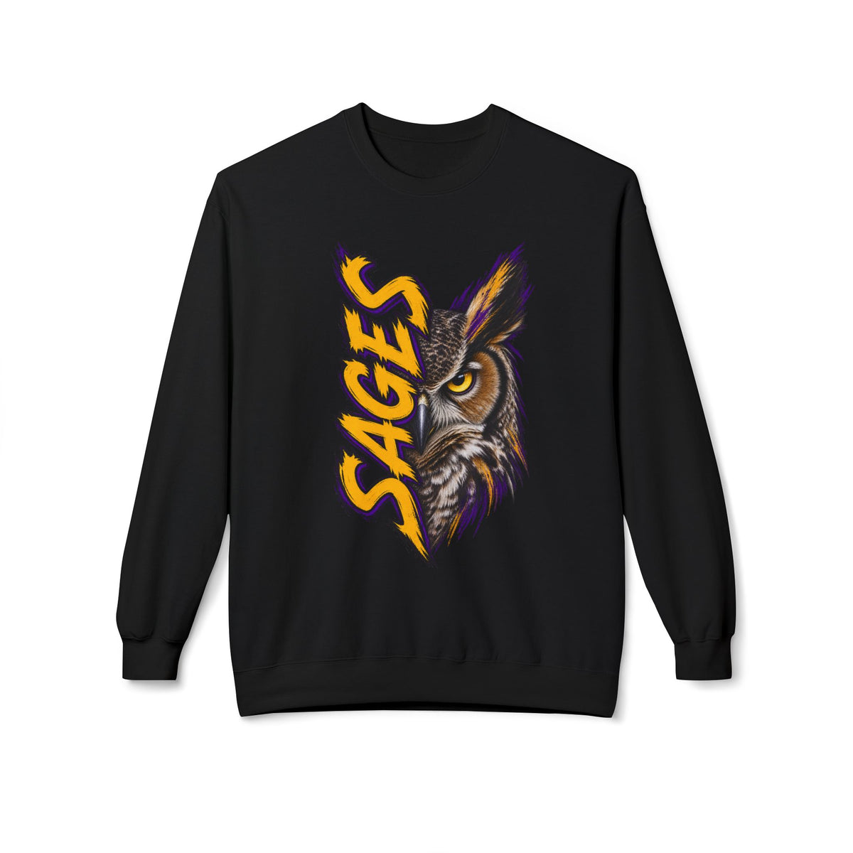 Sages Owl Crewneck Sweatshirt — Bold Vertical Mascot Design