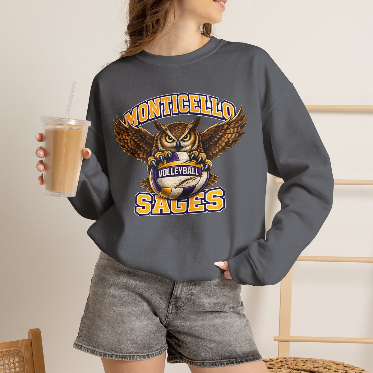 Monticello Sages Volleyball Crewneck Sweatshirt - Owl Wingspread Logo
