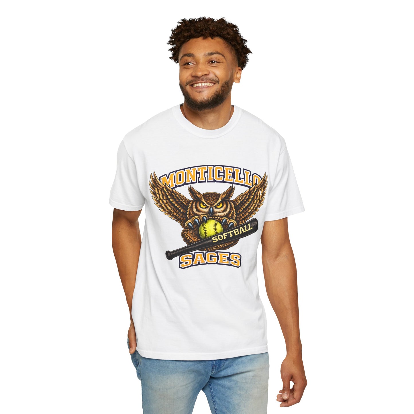 Monticello Sages Softball T-Shirt — Vintage Owl & Wings Team Tee