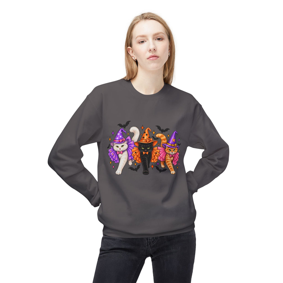 Halloween Cats Crewneck Sweatshirt — Cute Witch Cat Trio Graphic