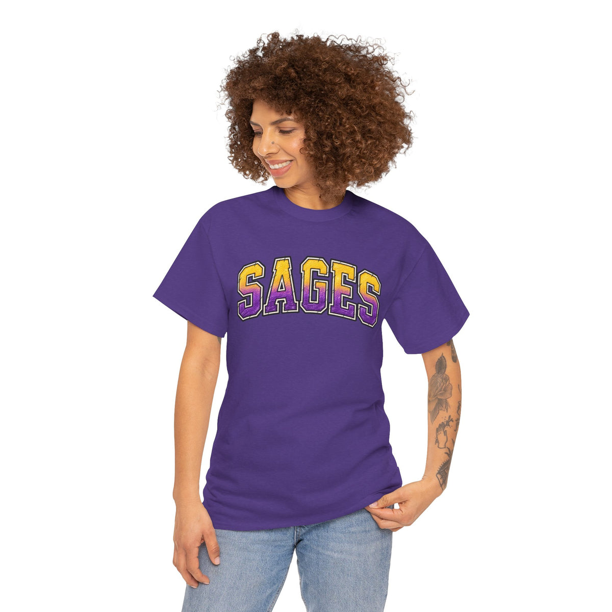 Sages Graphic T-Shirt — Collegiate Purple & Gold Lettering Tee