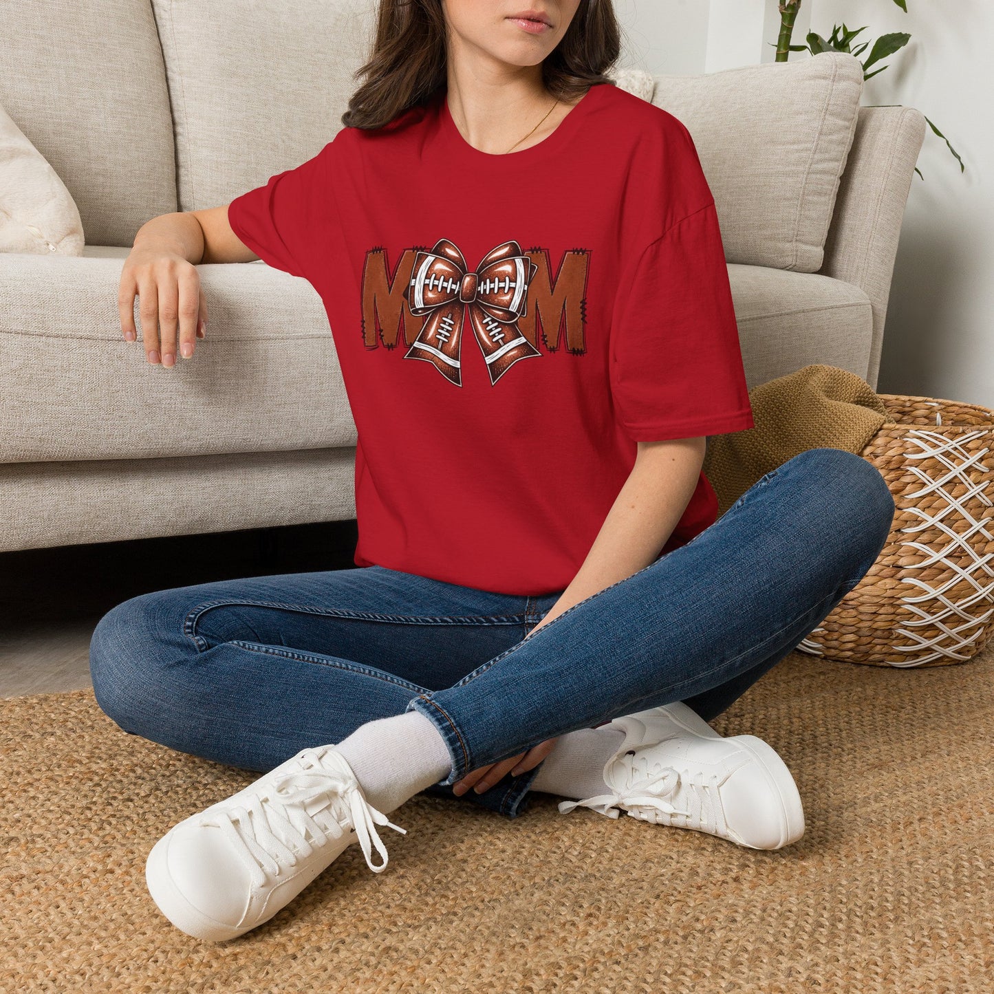 Football Mom T-Shirt — 'MOM' with Football Bow Graphic