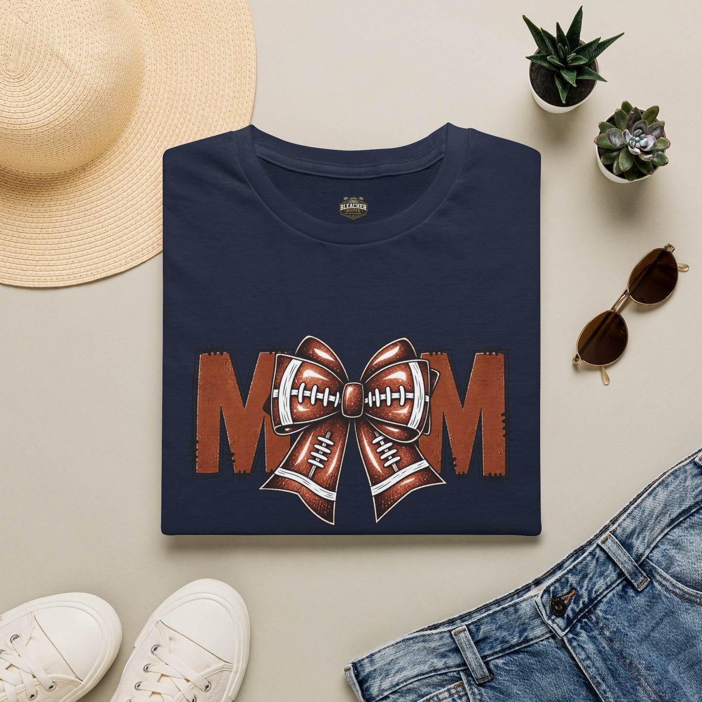 Football Mom T-Shirt — 'MOM' with Football Bow Graphic