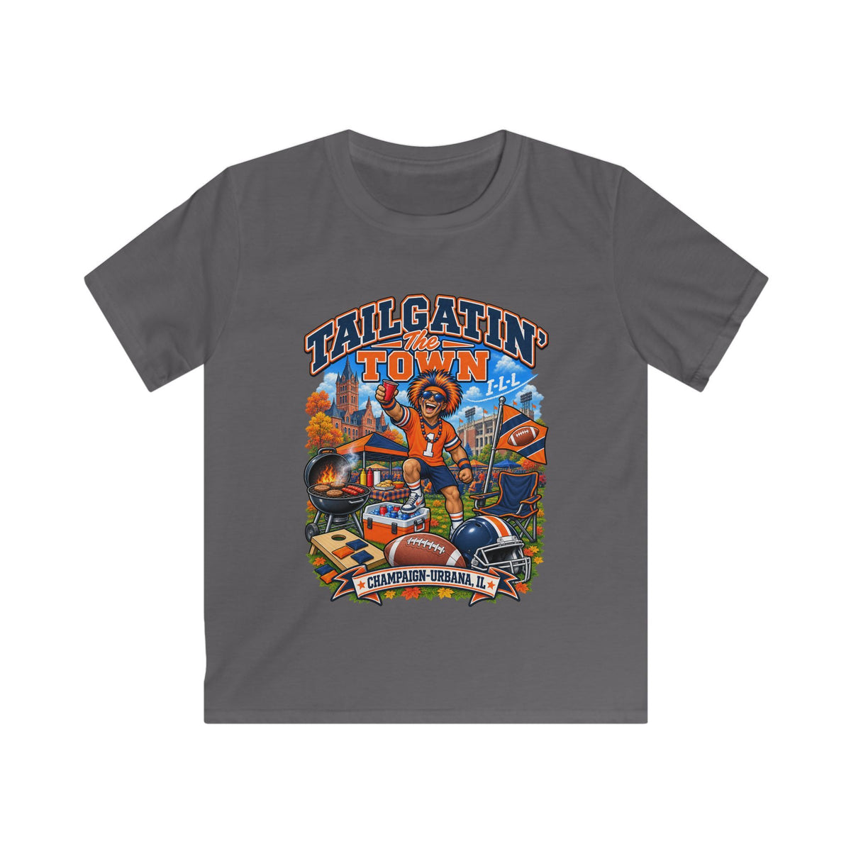YOUTH Tailgatin' Town - ILLINOIS Edition - Cute Football Tailgate Graphic Tee for Kids