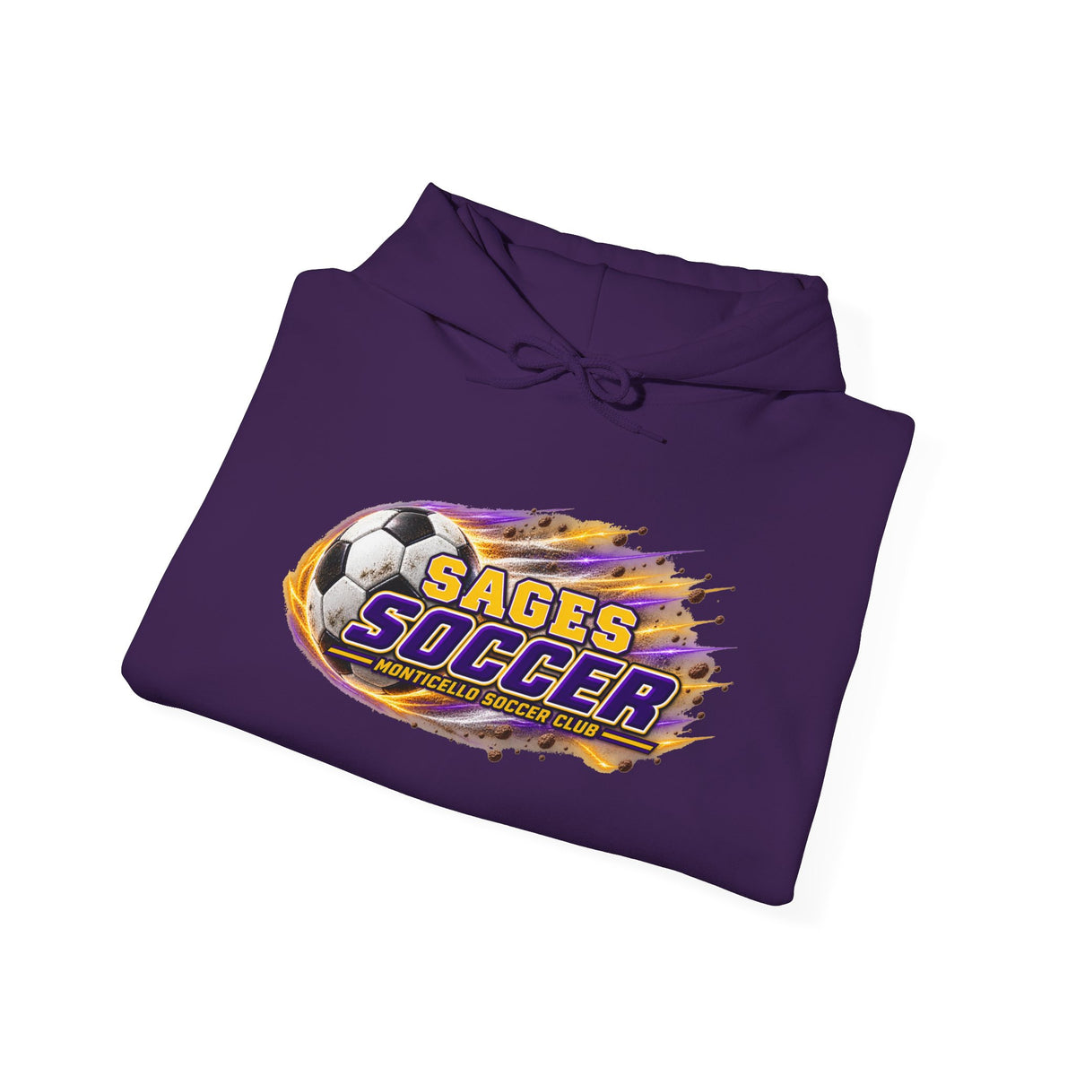 Sages Soccer Hoodie — Purple & Gold Flame Graphic Sweatshirt with Hood