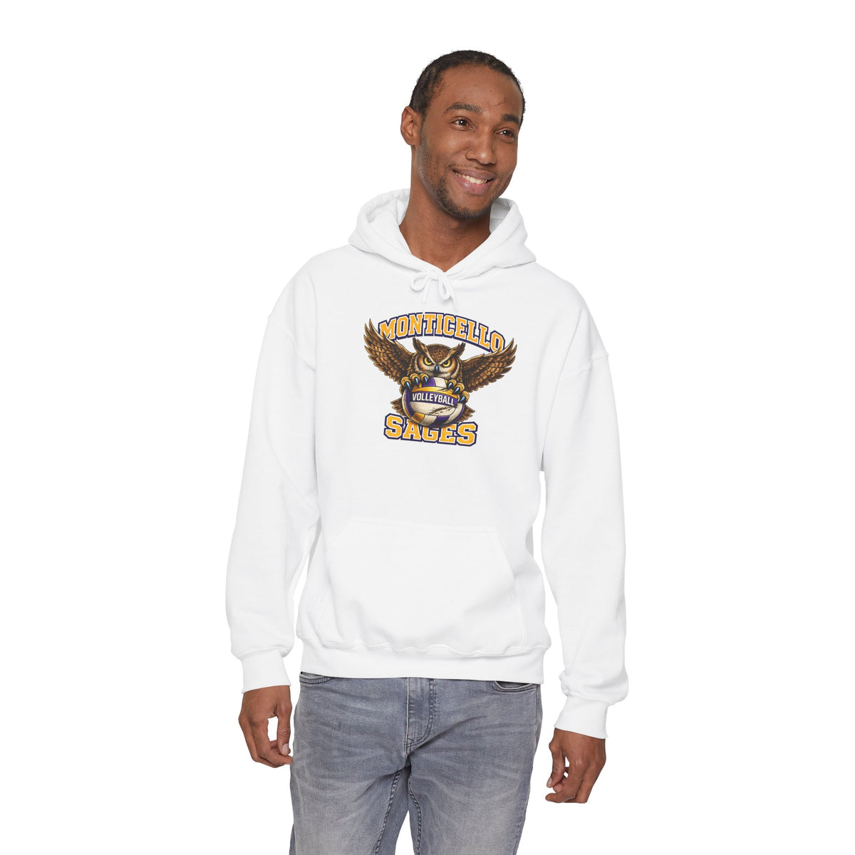 Monticello Sages Volleyball Hoodie — Wingspread Owl Mascot School Sweatshirt