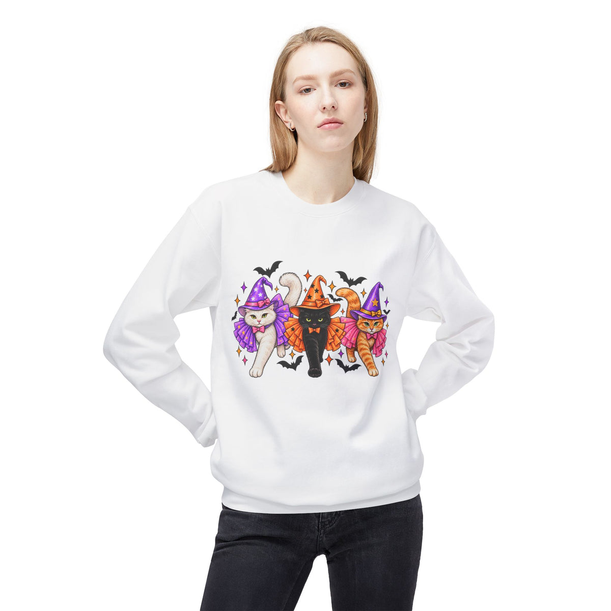 Halloween Cats Crewneck Sweatshirt — Cute Witch Cat Trio Graphic