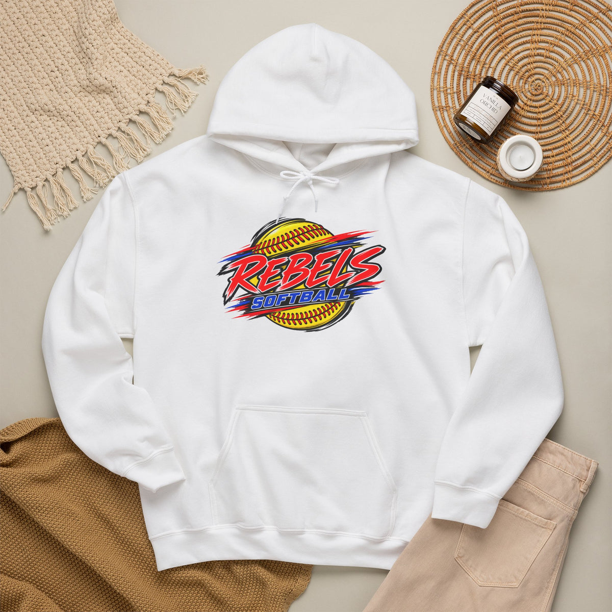 Rebels Softball Hoodie — Retro Yellow Softball Graphic
