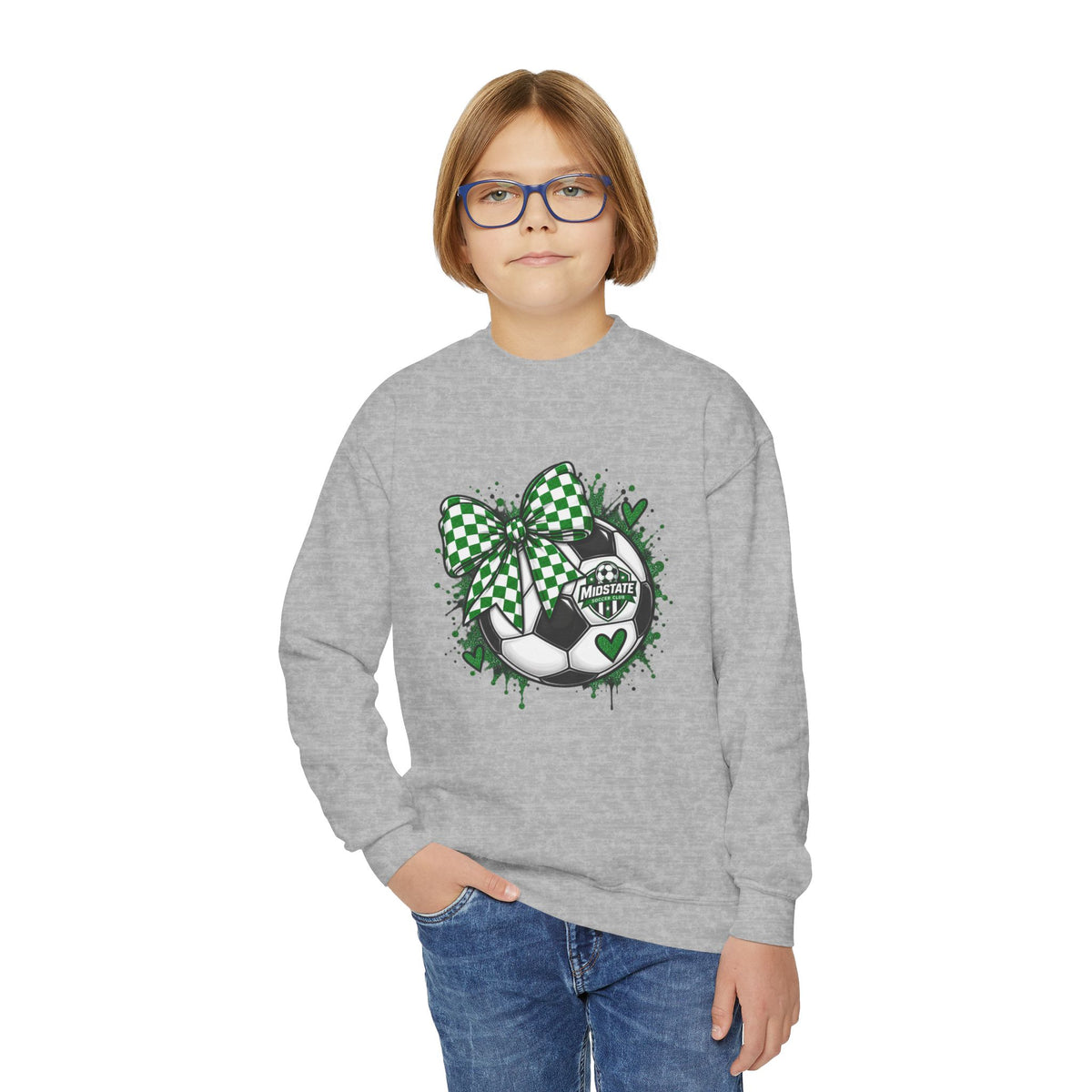 YOUTH Midstate Soccer Crest Crewneck — Green Bow Soccer Ball Sweatshirt