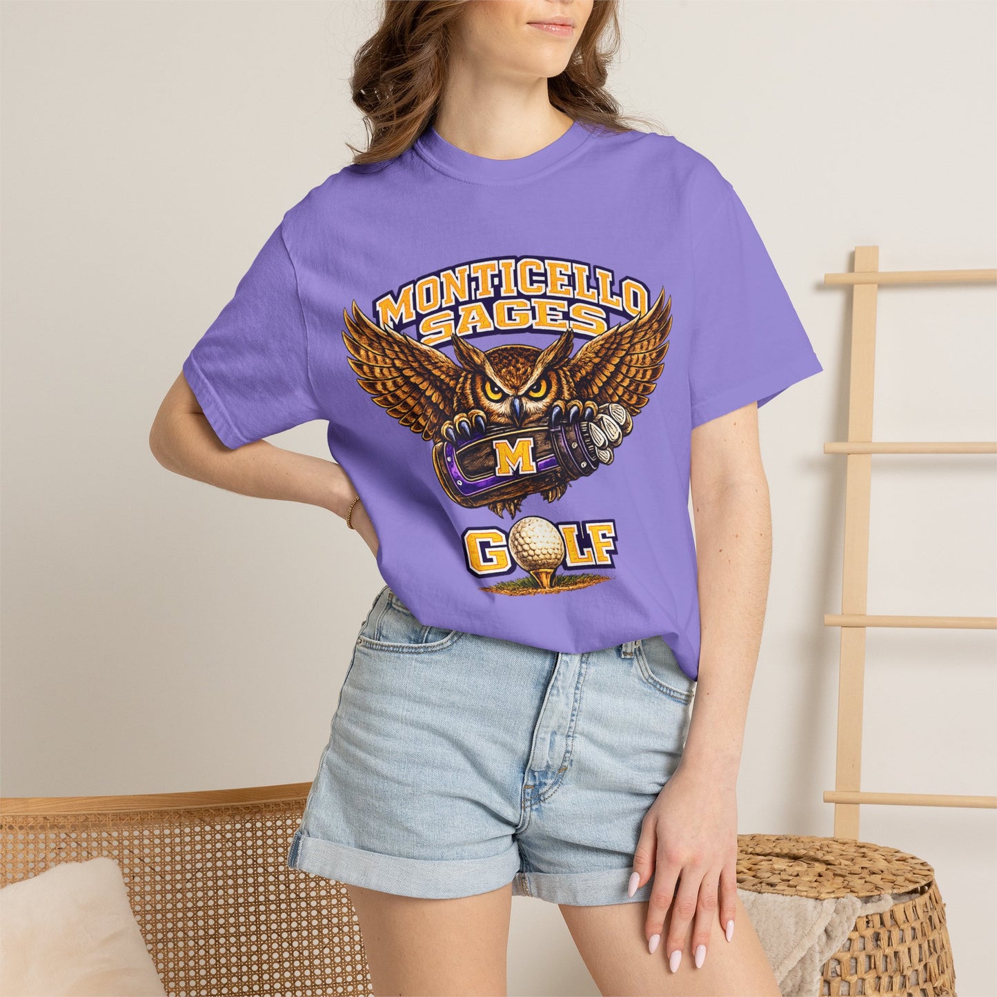Monticello Sages Golf T-Shirt — Vintage Owl & Wings Team Tee