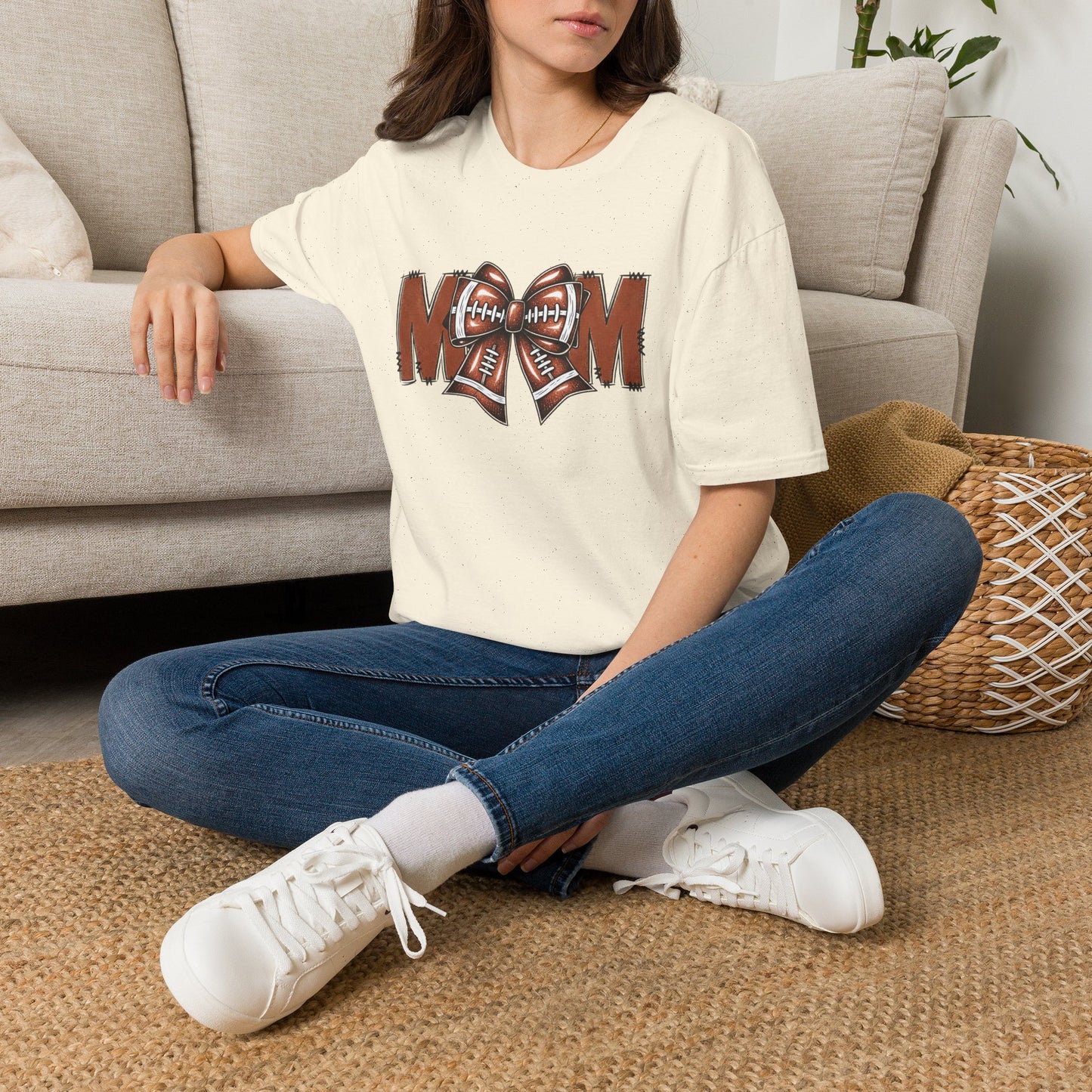 Football Mom T-Shirt — 'MOM' with Football Bow Graphic