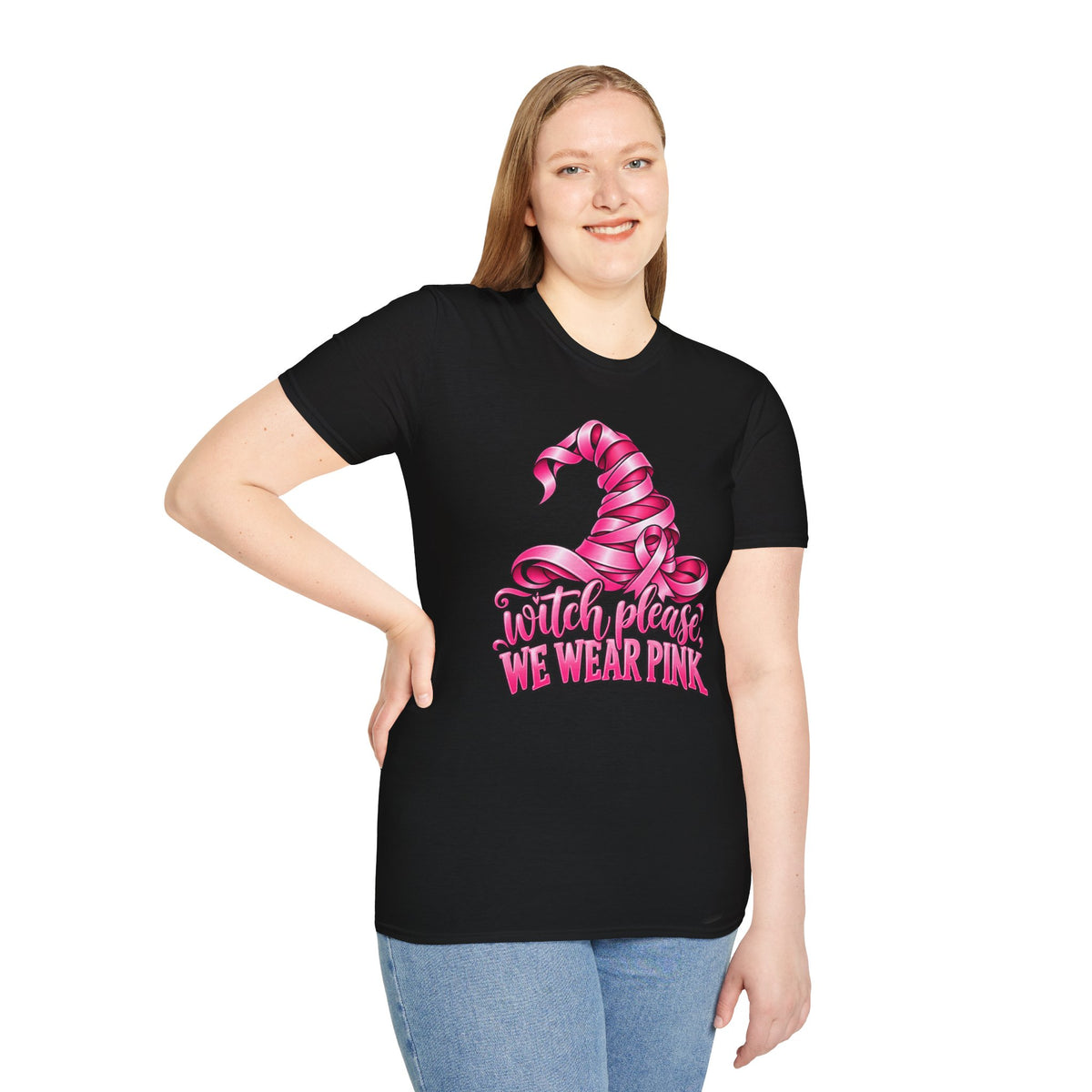 Witch Please We Wear Pink T-Shirt — Pink Witch Hat Breast Cancer Awareness Tee