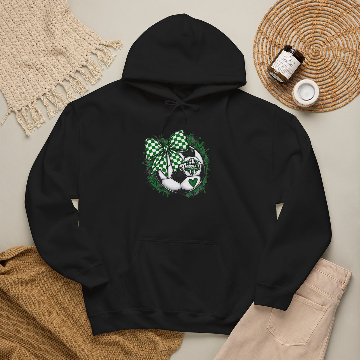 Midstate Soccer Hoodie — Green Plaid Bow Kitty Design