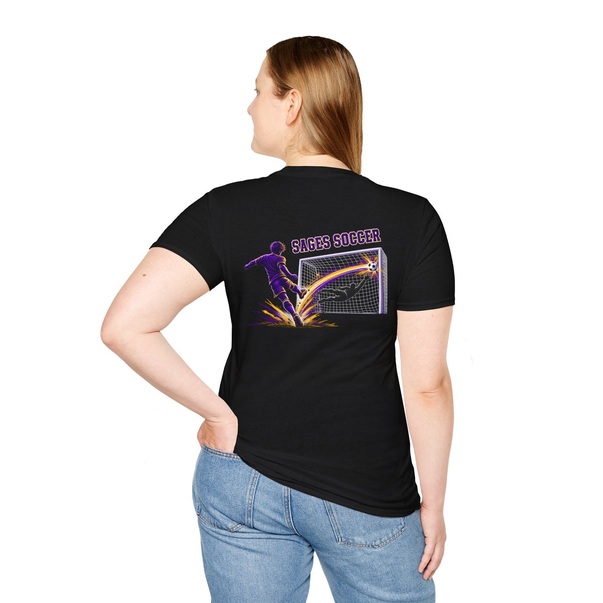 Monticello Soccer Club Graphic Goal T Shirt - Crest on Front, Graphic Soccer Goal On Back