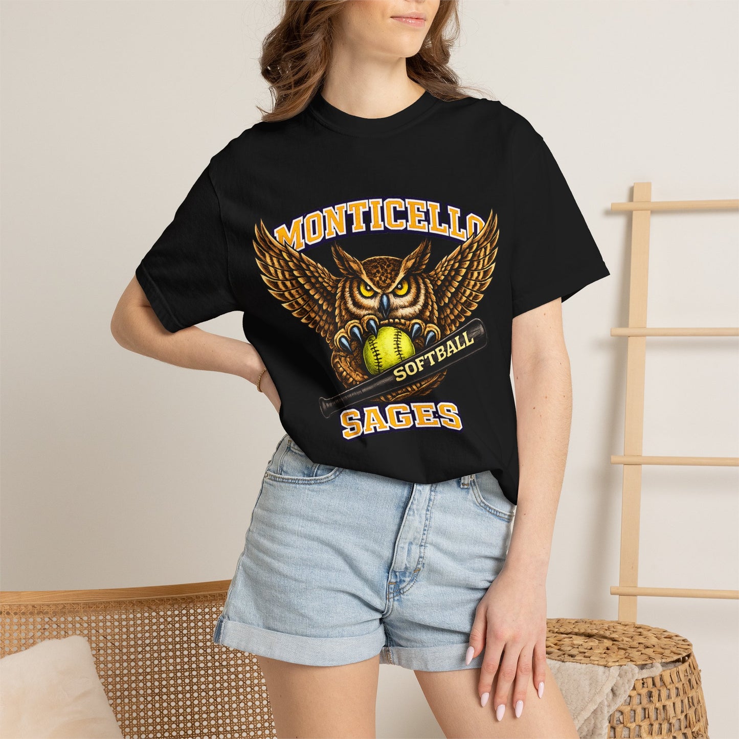 Monticello Sages Softball T-Shirt — Vintage Owl & Wings Team Tee
