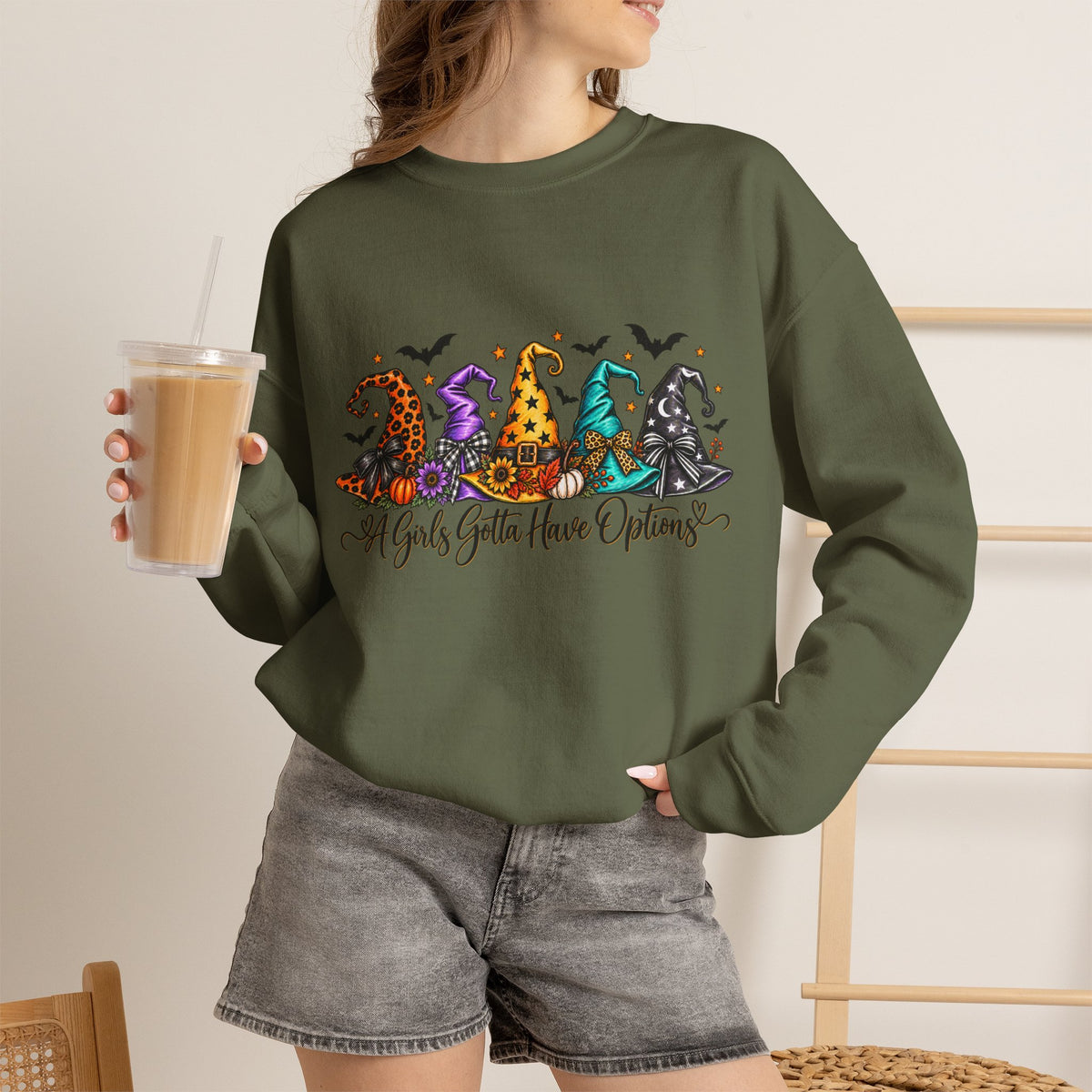 Witch Hat Crewneck Sweatshirt - "A Girls Gotta Have Options" Halloween Pullover