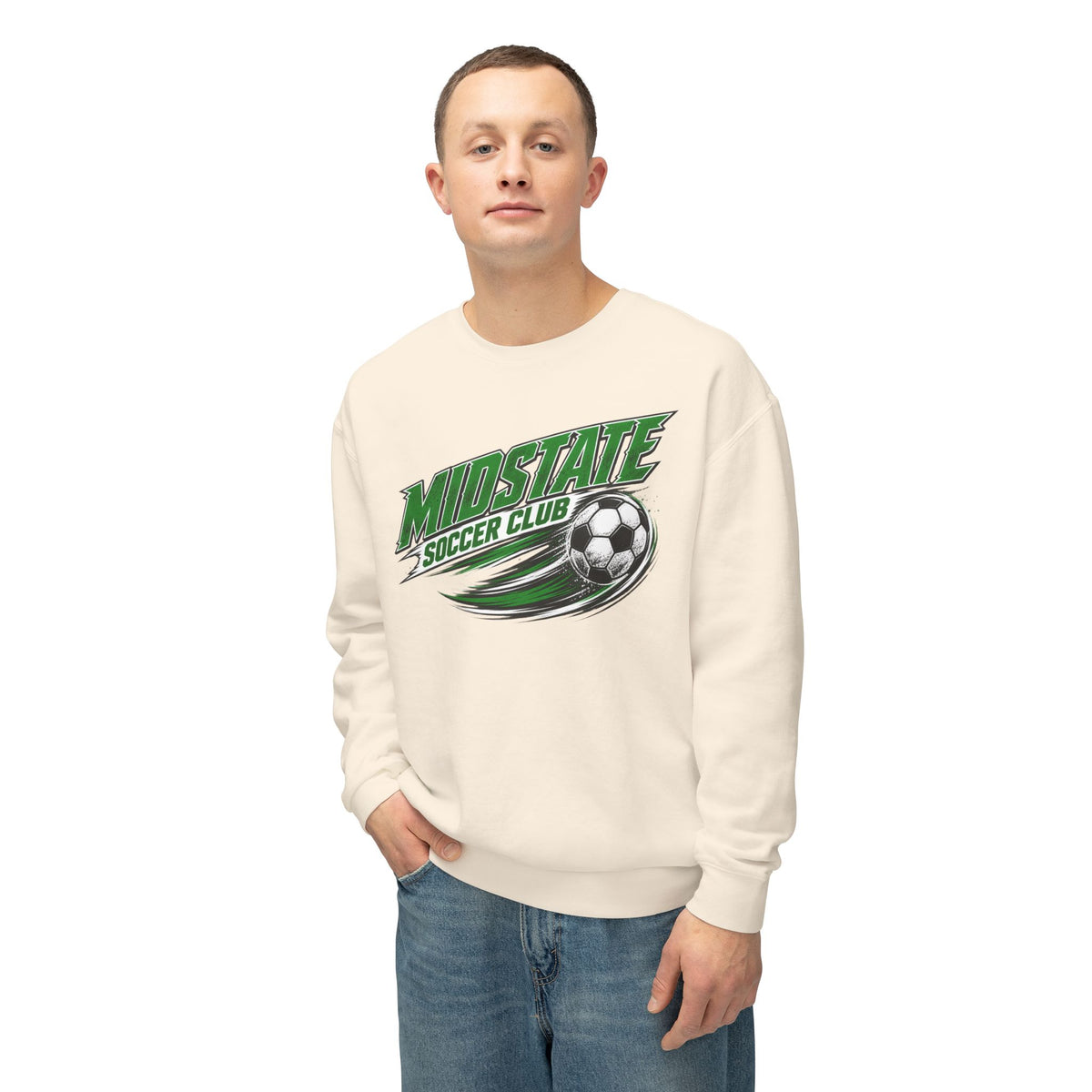 MidState Soccer Club Crewneck Sweatshirt — Vintage Green Soccer Ball Design