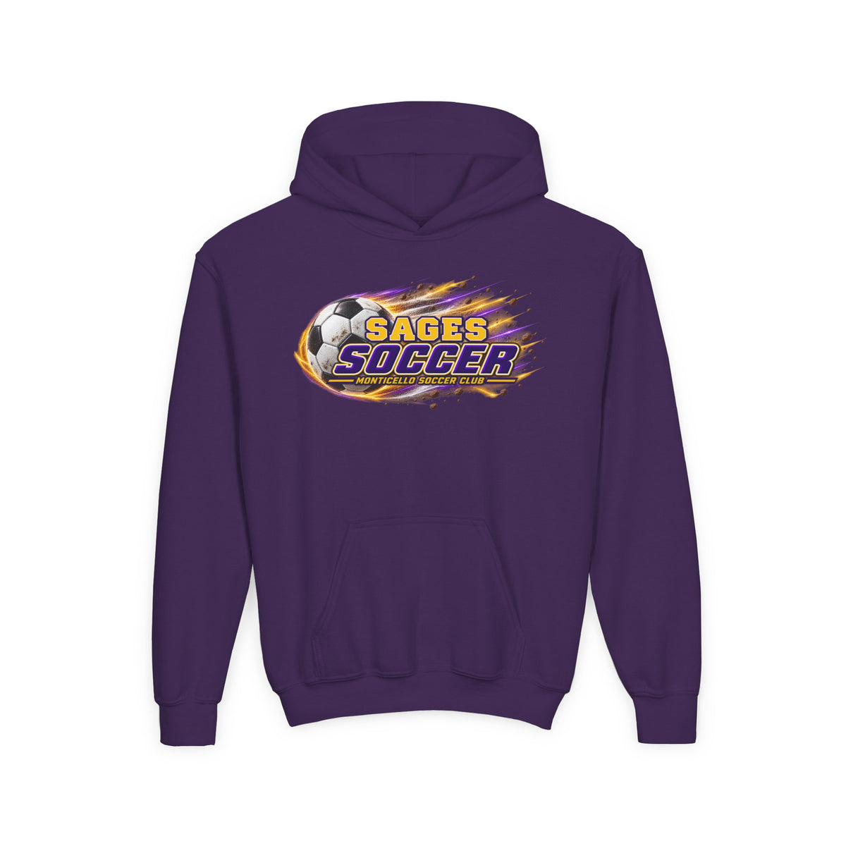 YOUTH Sages Soccer Hoodie — Purple & Gold Flame Graphic Sweatshirt with Hood
