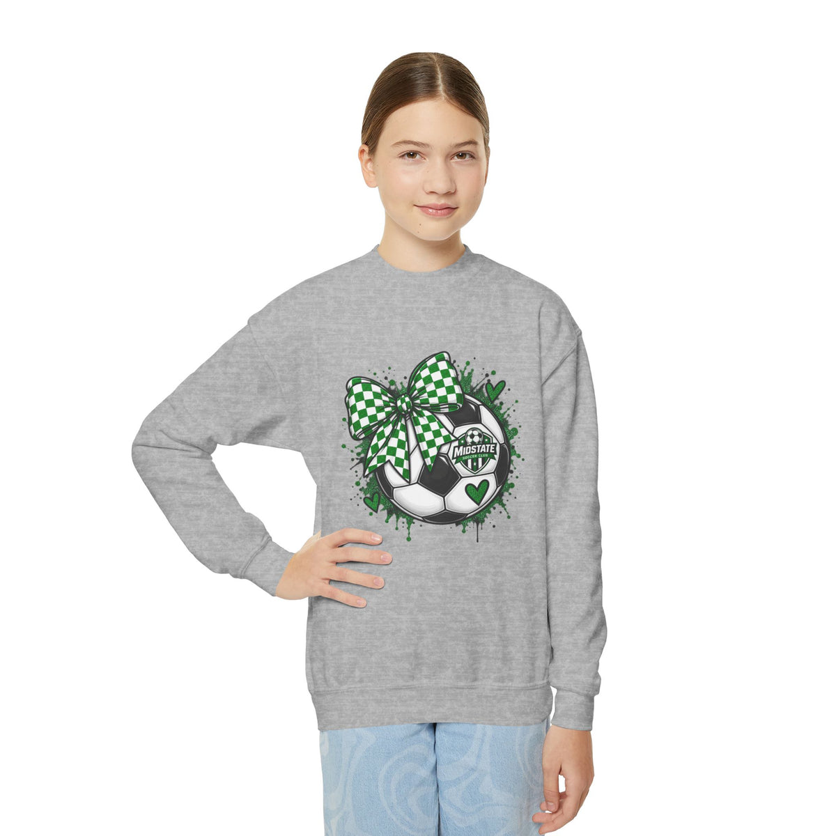 YOUTH Midstate Soccer Crest Crewneck — Green Bow Soccer Ball Sweatshirt