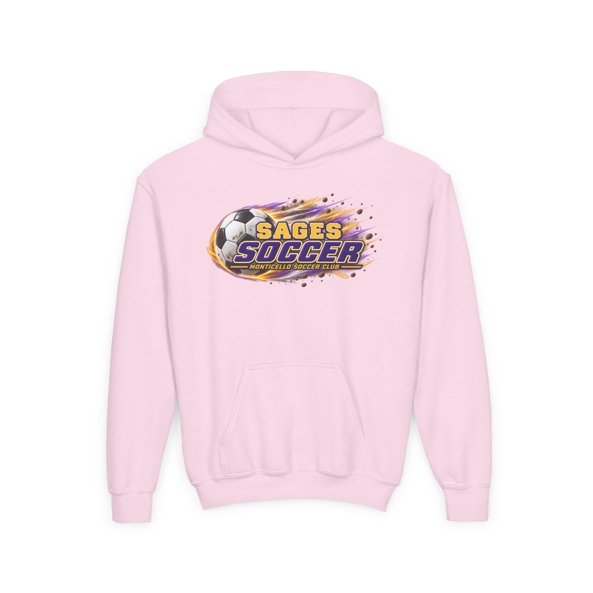 YOUTH Sages Soccer Hoodie — Purple & Gold Flame Graphic Sweatshirt with Hood