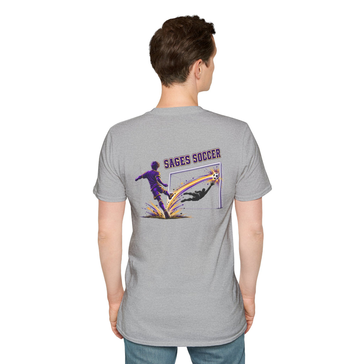 Monticello Soccer Club Graphic Goal T Shirt - Crest on Front, Graphic Soccer Goal On Back