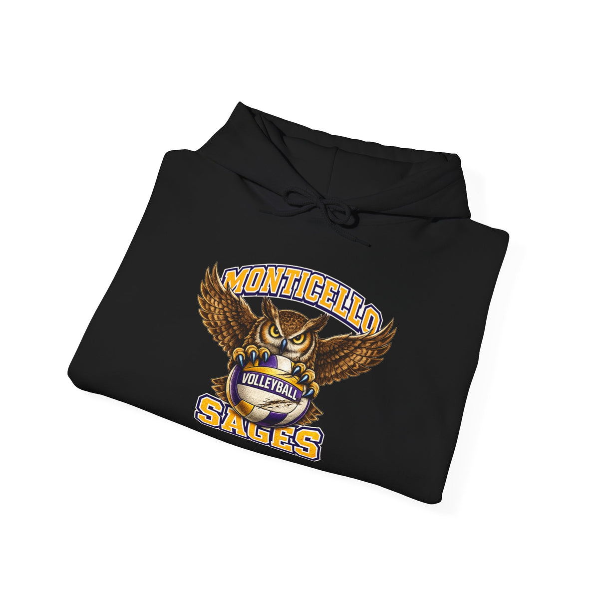 Monticello Sages Volleyball Hoodie — Wingspread Owl Mascot School Sweatshirt