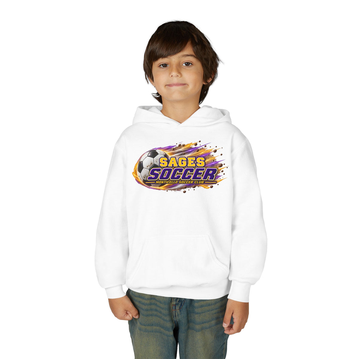 YOUTH Sages Soccer Hoodie — Purple & Gold Flame Graphic Sweatshirt with Hood