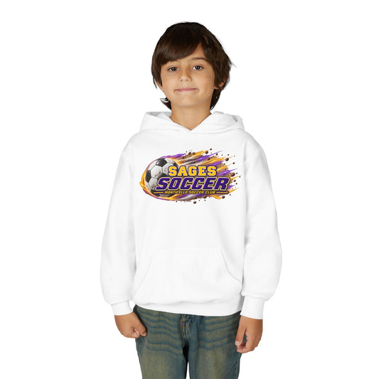 YOUTH Sages Soccer Hoodie — Purple & Gold Flame Graphic Sweatshirt with Hood