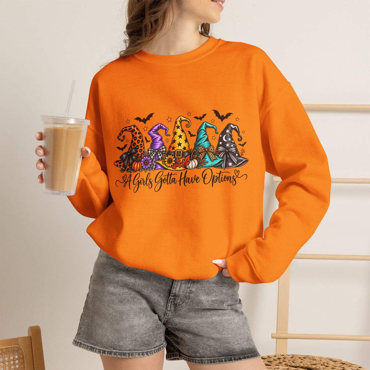 Witch Hat Crewneck Sweatshirt - "A Girls Gotta Have Options" Halloween Pullover