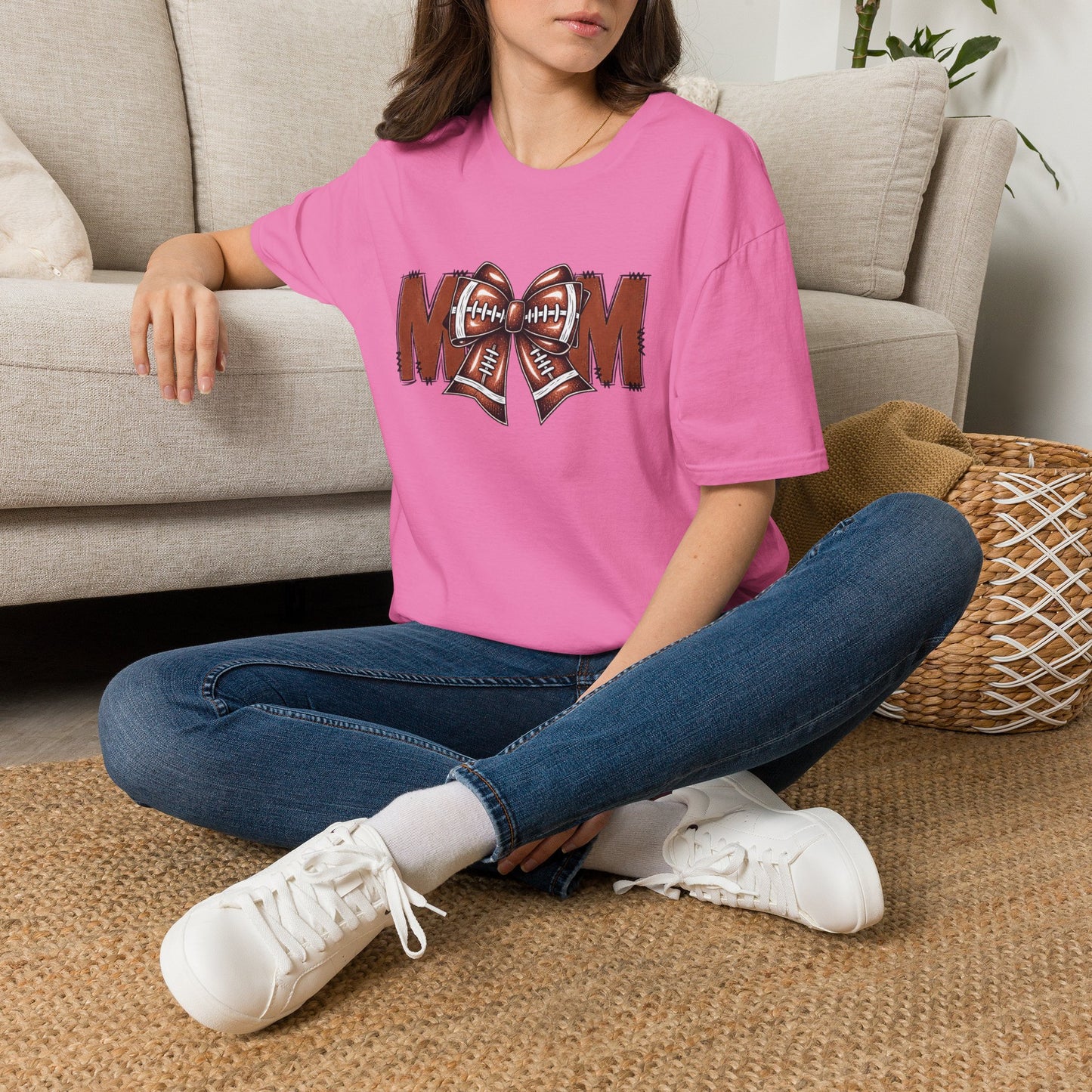 Football Mom T-Shirt — 'MOM' with Football Bow Graphic
