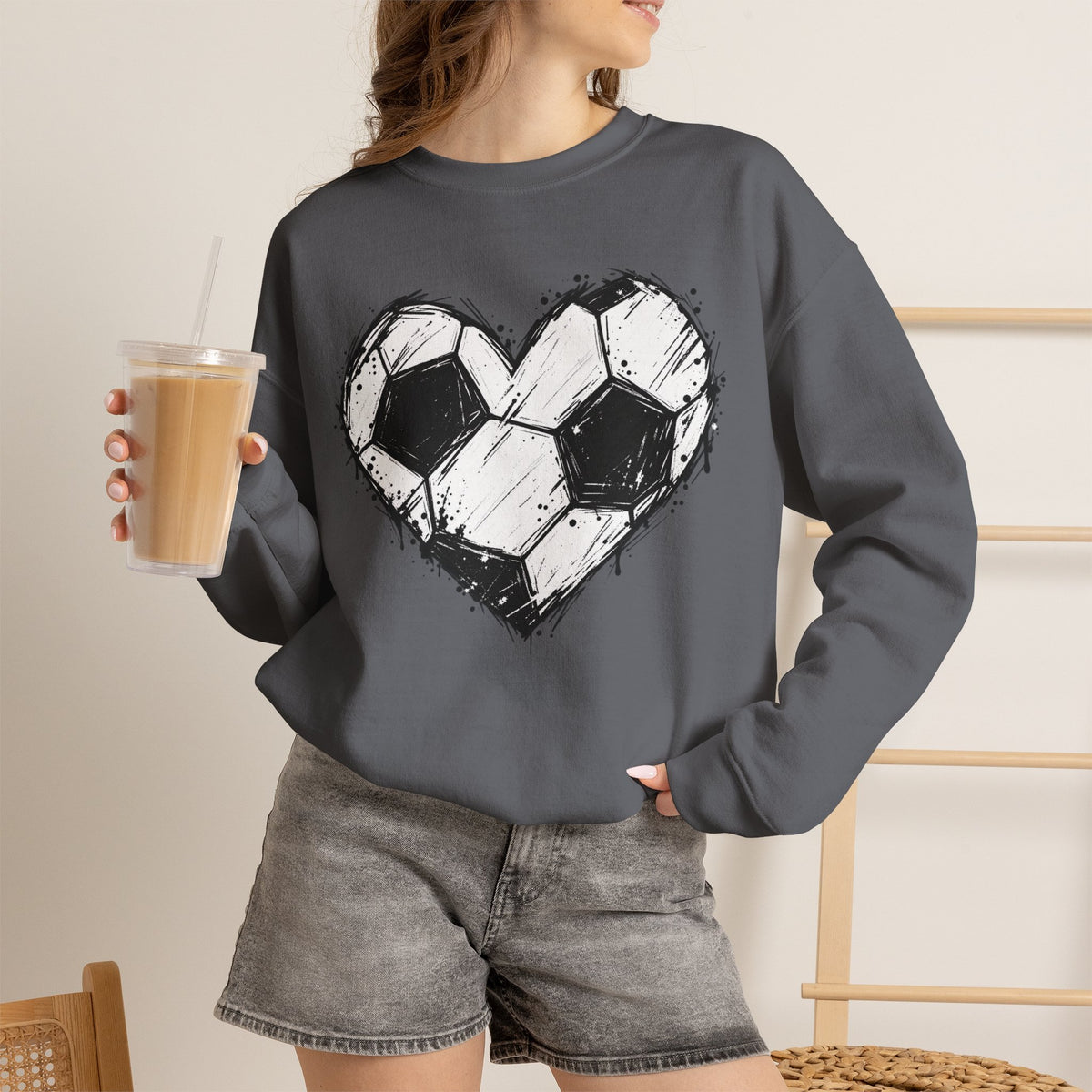 Soccer Heart Crewneck Sweatshirt — Grunge Soccer Ball Graphic