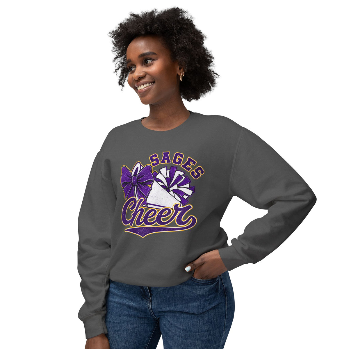 Sages Cheer Crewneck Sweatshirt — Purple Pom-Pom & Bow Cheerleader Pullover