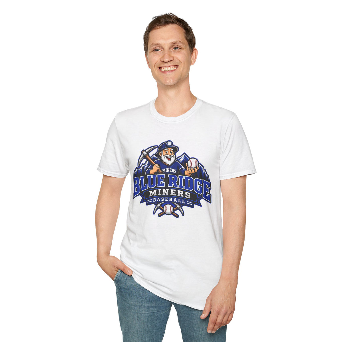 Blue Ridge Miners Mascot and Logo T‑Shirt — Unisex Softstyle Tee